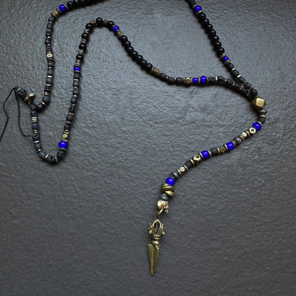Necklace with Lapis Lazuli, Lava Stone Beads & Brass Dagger Pendant